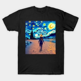 Van Gogh Starry Night Western Cow Girl Painting T-Shirt